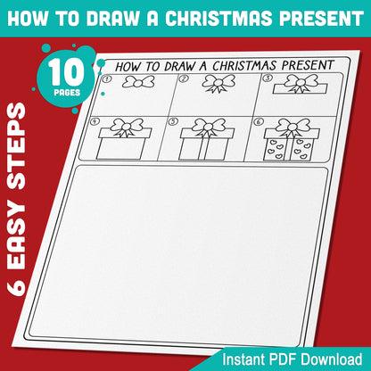 Step-by-Step How to Draw a Christmas Present for Kids: 5-Page Drawing Guide + 5 Holiday Coloring Pages for Festive Fun, Instant PDF Download