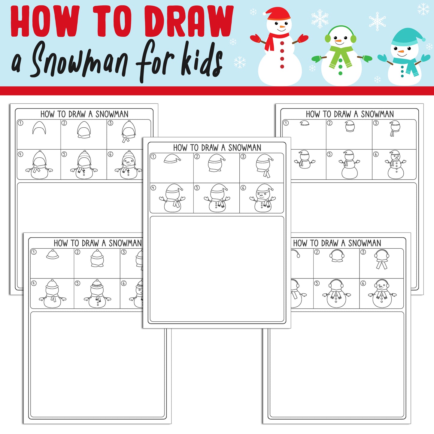 How To Draw a Snowman for Kids, Directed Drawing Step by Step Tutorial, Includes 5 Coloring Pages, PDF File, Instant Download