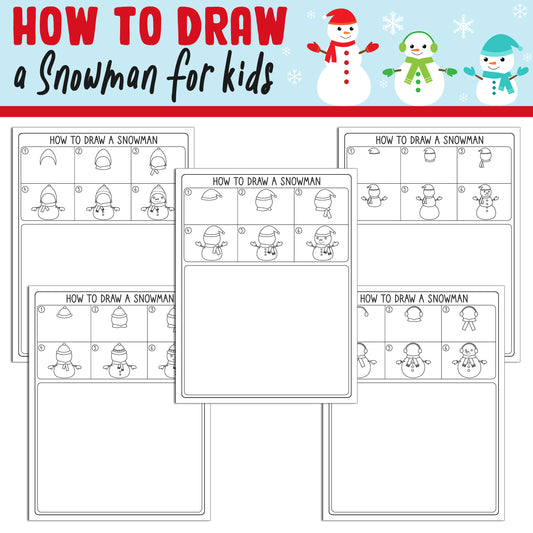 How To Draw a Snowman for Kids, Directed Drawing Step by Step Tutorial, Includes 5 Coloring Pages, PDF File, Instant Download