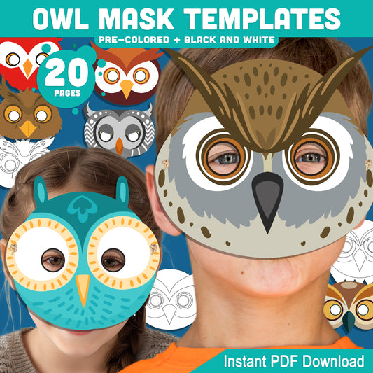Owl Mask Templates: 20 Printable Pages for Kids’ Craft and Drama, Pre-Colored + Black & White Versions, Fun PDF Activity Download