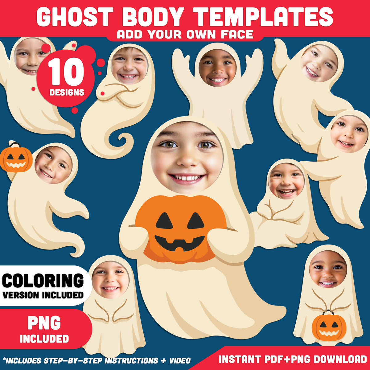 Ghost Template Craft Activity, Halloween Cut and Paste, Add Your Own Face, 10 Unique Designs, PDF + PNG Files, Coloring Version Included, 300 DPI, A4