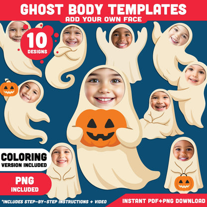 Ghost Template Craft Activity, Halloween Cut and Paste, Add Your Own Face, 10 Unique Designs, PDF + PNG Files, Coloring Version Included, 300 DPI, A4