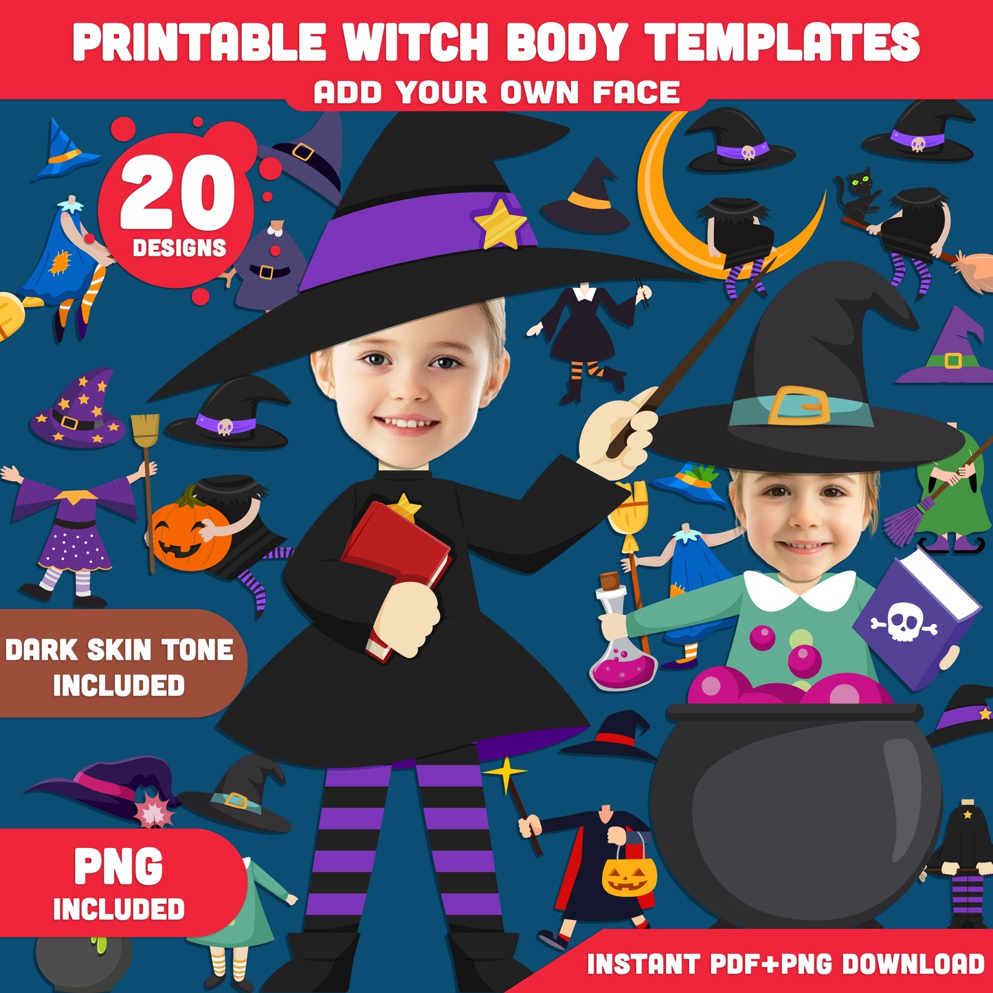 Printable Halloween Witch Body Templates for Kids, 20 Silly & Spooky Designs, Light + Dark Skin, PDF + PNG Included, DIY Face Cut & Paste Craft