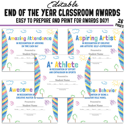 Editable End of Year Awards for Students, 26 Pages, PDF, Instant Download – Perfect for Classroom and Student Achievements