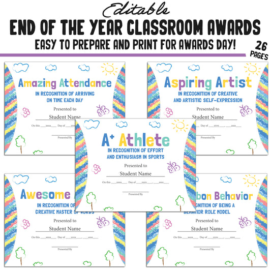 Editable End of Year Awards for Students, 26 Pages, PDF, Instant Download – Perfect for Classroom and Student Achievements
