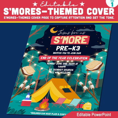 S'mores Camping Graduation Invitation Templates – Editable 4-Page Program for Preschool, Pre-K, Kindergarten, Instant PowerPoint, Cute Campfire Theme