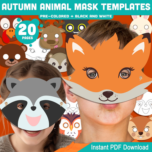 Autumn Animal Mask Templates for Kids: Fox, Owl, Raccoon, Bear & More, Fall-Themed Craft PDF, Pre-Colored + Black & White