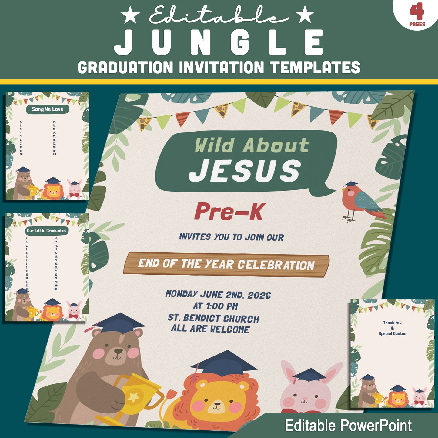 Editable Jungle Graduation Invitation, Printable Safari Theme Invite Set, 4 Page Editable PowerPoint Template, 8.5x11 for Graduation Ceremony Day