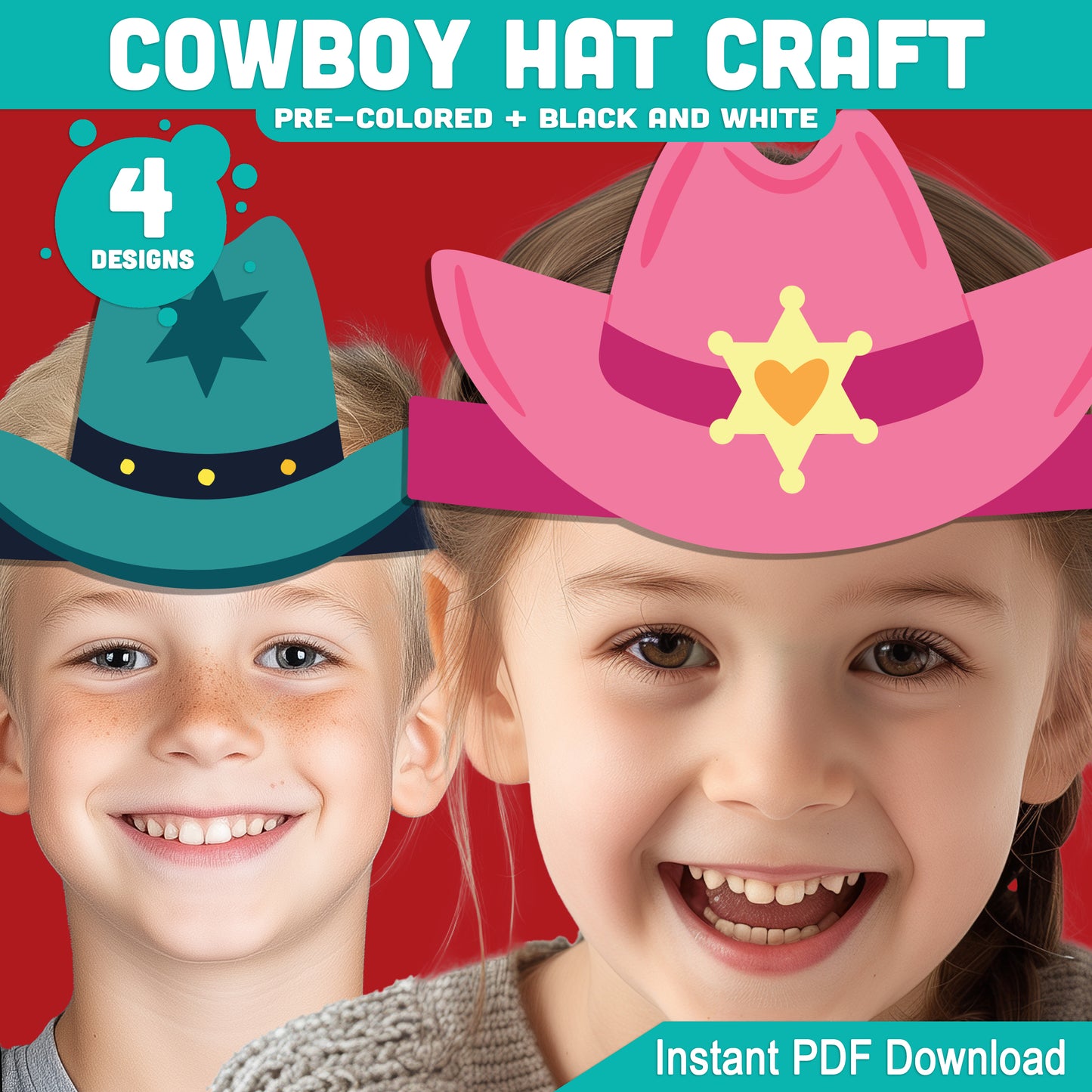 Cowboy Hat Craft, Wild West Headband Activity, Cowgirl & Cowboy Coloring Template, Summer Fun Printable, PDF Download