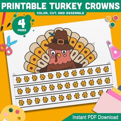 Turkey Crown Craft for Kids – 4 Printable Paper Hat Templates for Thanksgiving Celebrations and Party Bags, Easy PDF Instant Download!