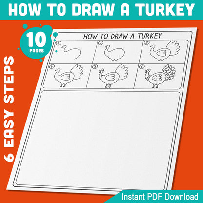 How to Draw a Turkey for Thanksgiving: 5-Page Kids Step-by-Step Art Tutorial with Bonus Fun Coloring Pages, PDF Instant Download for Holiday Creative Fun