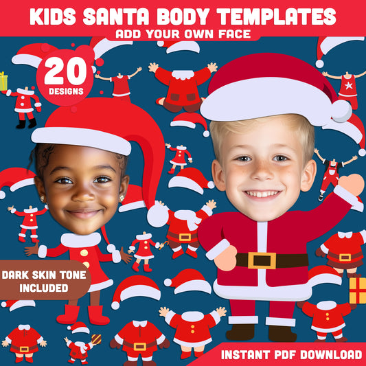 Printable Kids Santa Body Templates, 20 Fun Christmas Designs (Light + Dark Skin Tone), Add Your Own Face Craft, School or Home Holiday Activity PDF