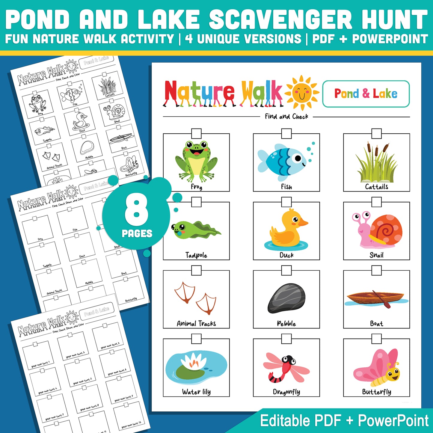 Explore Nature with Pond and Lake Scavenger Hunt – 4 Fun Versions for Summer Learning, Includes PowerPoint + PDF Download