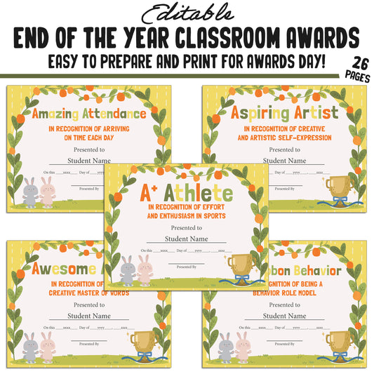 Editable End of Year Awards Certificates, 26 Pages, PDF, Instant Download – Perfect for Classroom and Student Achievements