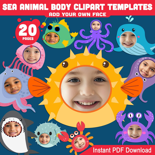 Sealife Animal Body Clipart: Add Your Own Photo Face, 20 Printable Ocean-Themed Cutouts for Kids’ DIY Creativity, Fun Marine Craft Activity, PDF Instant Download
