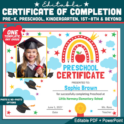 Editable Graduation Certificate, Preschool & Beyond, Any Grade Template, Reusable Diploma or Certificate, With and Without Photo, PDF PowerPoint