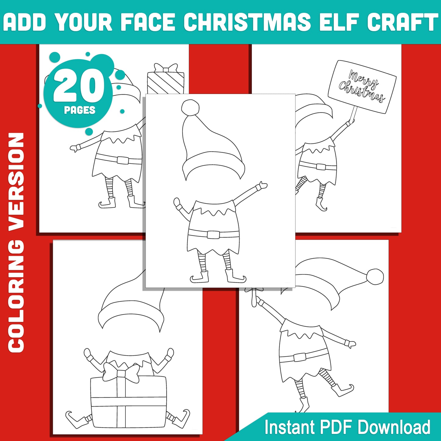 Add Your Face Christmas Elf Craft – Coloring Version, Christmas Elf Cut and Paste Templates, Kids Holiday Craft for Home or Classroom, Printable 20 Pages PDF 8.5x11