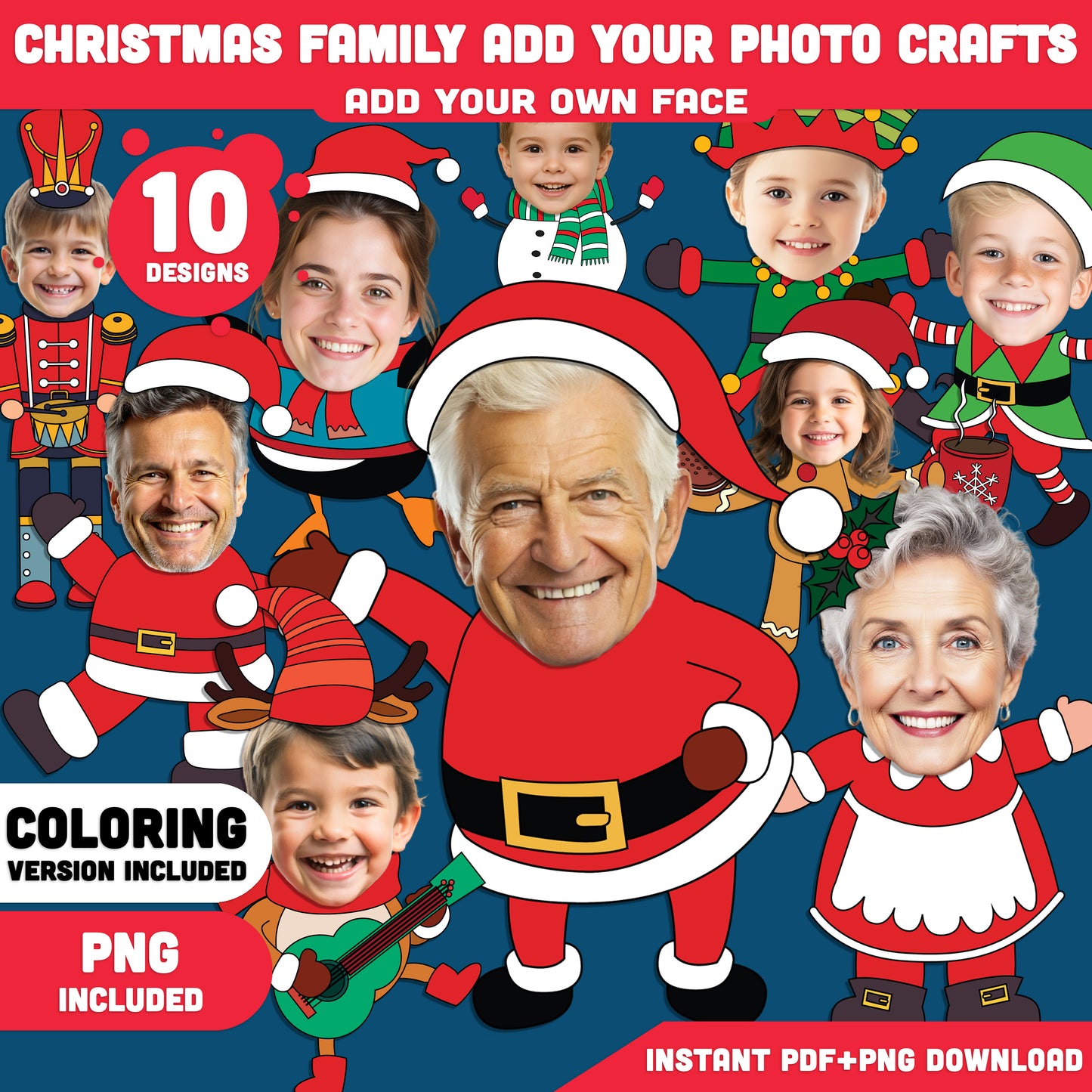 Christmas Family Add Your Photo Crafts (Santa, Mrs. Santa, Reindeer, Gingerbread Man, Snowman, Elf, Nutcracker, Penguin) – Add-Your-Face Winter Templates, PDF + PNG Files