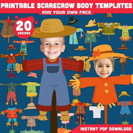 Printable Scarecrow Body Templates for Kids, 20 Unique Halloween Designs, 8.5x11, Cut & Paste Face Craft for Classroom, Homeschool, and Dramatic Play