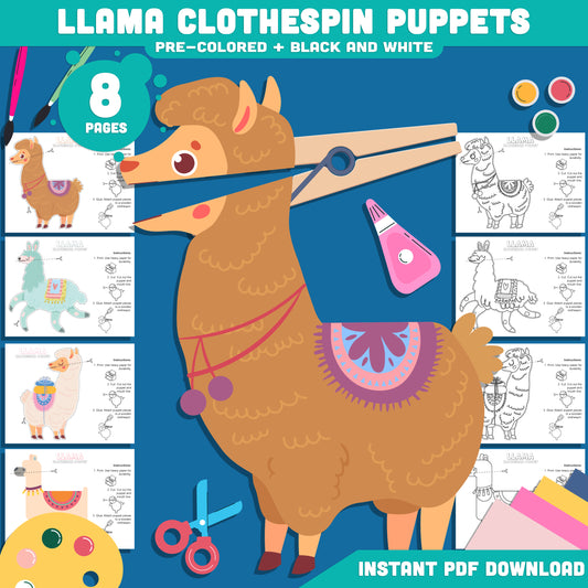 Printable Llama Clothespin Puppets: 8-Page Fun Kids’ Craft, Easy DIY Activity with Pre-Colored & Black and White Designs, Instant Digital Download