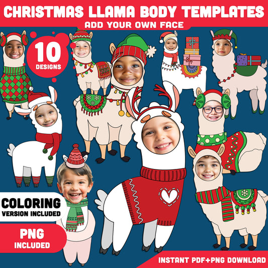 Christmas Llama Body Templates, Add Your Own Face Christmas Llama Crafts, Winter Body Templates with Coloring Version Included, High-Resolution PDF + PNG