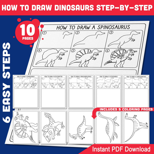 How to Draw Dinosaurs Step-by-Step Printable Drawing Tutorial for Kids + Coloring