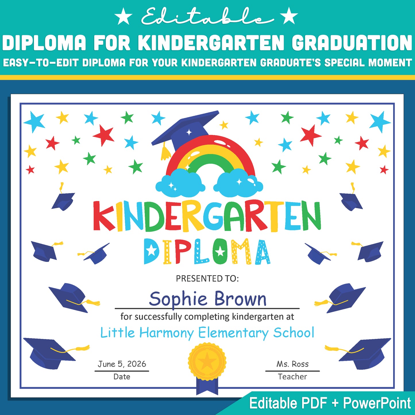 Editable Kindergarten Diploma Template: Customizable Letter Size PDF + PowerPoint, Perfect for Memorable End of Year Ceremonies and Celebrations