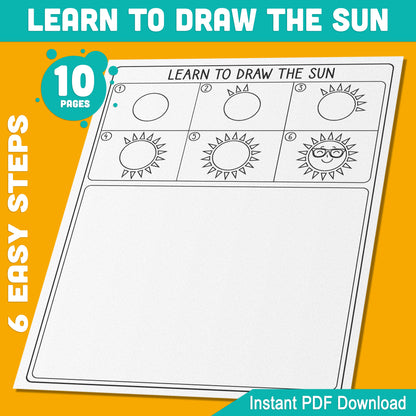 6-Step Sun Drawing Guide + 5 Coloring Pages, Perfect Art Activity for Kids’ Creativity, Instant PDF Download for Easy Creative Fun