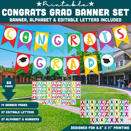 Graduation Banner Printable, Congrats Grad Banner with Editable Alphabet and Numbers, Classroom Decor, 8.5x11 Easy Print Set