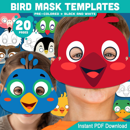 Bird Mask Templates for Kids: 20 Fun Printable Masks for Paper Craft & Pretend Play, Pre-Colored + Black & White, PDF Instant Download