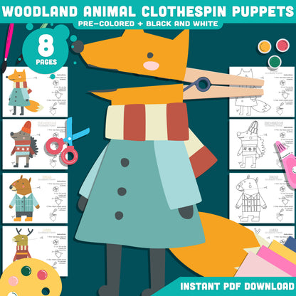 Woodland Animal Clothespin Puppets, Moving Forest Creature Craft Activity, Deer Fox Bear Hedgehog Templates, Printable PDF