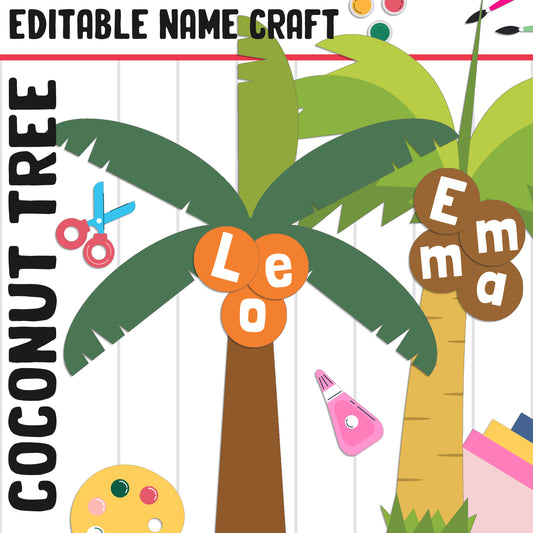 Coconut Tree Name Craft Activity: Summer/Back to School Bulletin Board, 40 Pages, 5 Designs, Blank & Editable, Color and Black-and-White