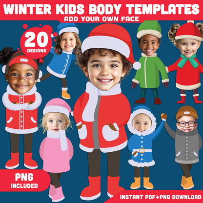 Winter Kids Body Templates – Add-Your-Face Activities, 20 Fun Cut-and-Paste Designs, High-resolution PDF + PNG Files for School, Homeschool, and Holiday Crafts