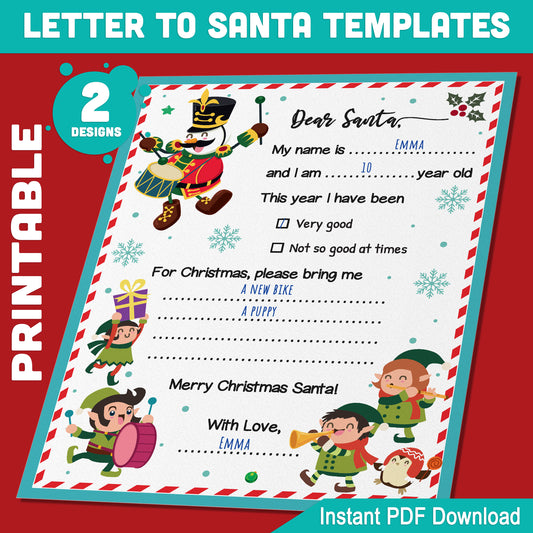 Christmas Letters to Santa for Kids: 2 Festive Printable Templates, 8.5x11" Holiday Writing Fun, PDF Instant Download, Ideal for Christmas Traditions