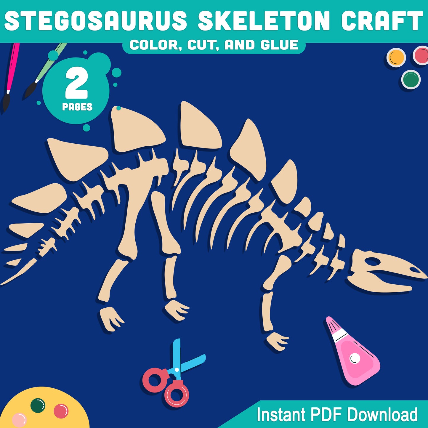 Stegosaurus Skeleton Craft, Dinosaur Color, Cut and Paste Activity, Printable PDF, Pre-Colored, Black and White, US Letter, A4