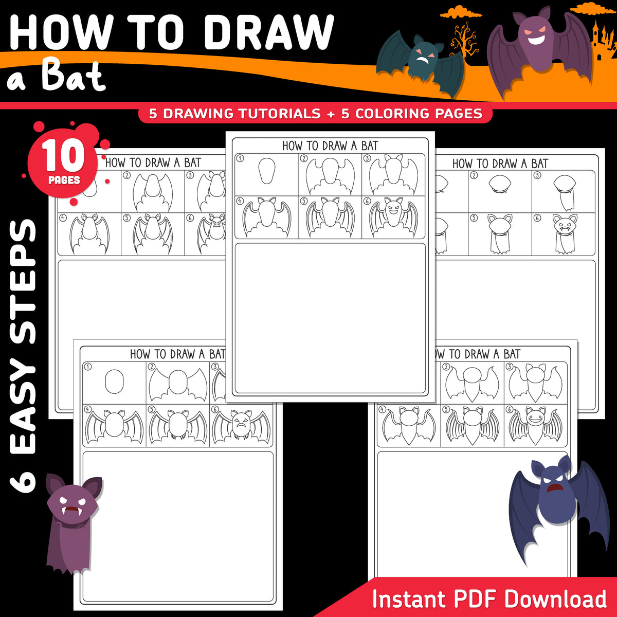 How to Draw a Bat, Halloween Directed Drawing, Simple Step-by-Step Art Activity, 6 Easy Steps, 5 Practice Pages, 5 Coloring Sheets, PDF Download