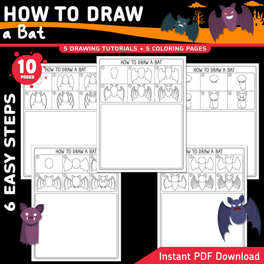 How to Draw a Bat, Halloween Directed Drawing, Simple Step-by-Step Art Activity, 6 Easy Steps, 5 Practice Pages, 5 Coloring Sheets, PDF Download