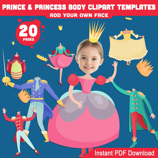 Prince and Princess Body Clipart Templates: Add Your Own Photo Face to Royal Characters, 20 Cute Fairy Tale Designs for Kids, Instant Download.