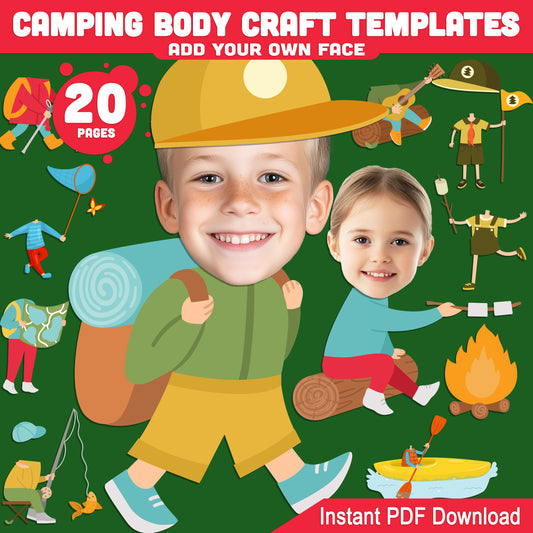 Camping Body Craft Template for Kids with Body Clipart – 40 Page Cut and Paste Activity, Add Your Face, Instant PDF, Dark Skin Tone Included
