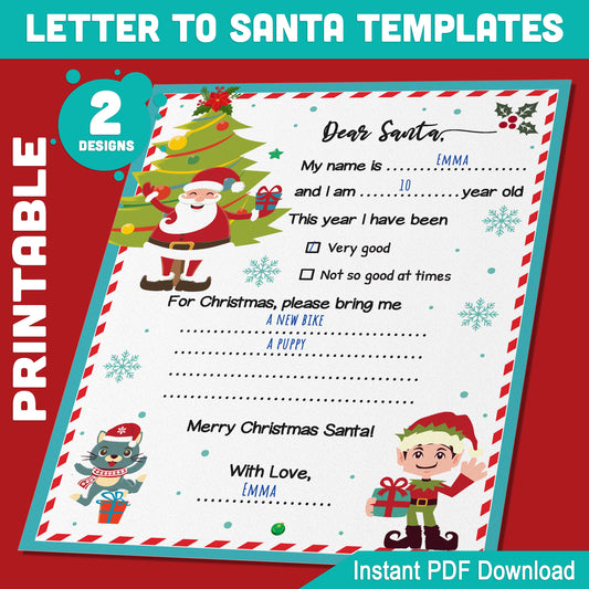 Christmas Letter to Santa: 2 Fun Fill-in-the-Blank Templates for Kids, 8.5x11", Perfect Holiday Activity, Ready to Print, Instant PDF Download