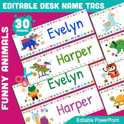 Printable Funny Animal Desk Tags: 30 Designs, Editable PowerPoint, Includes Alphabet, Shapes, Numbers 1-20, 8.5"x11", 2 Per Page for Kids