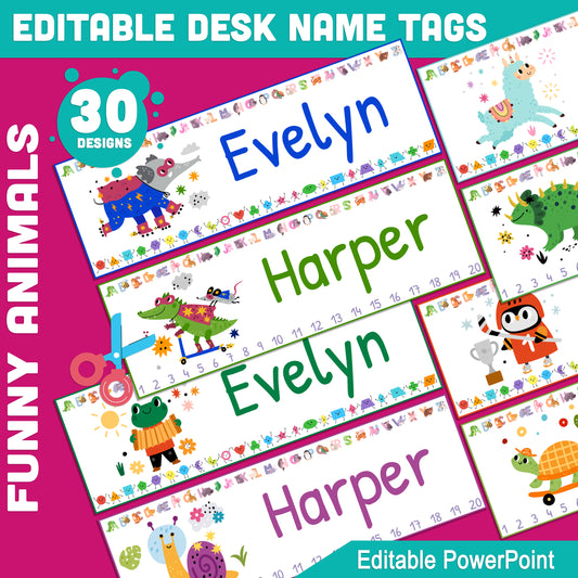 Printable Funny Animal Desk Tags: 30 Designs, Editable PowerPoint, Includes Alphabet, Shapes, Numbers 1-20, 8.5"x11", 2 Per Page for Kids