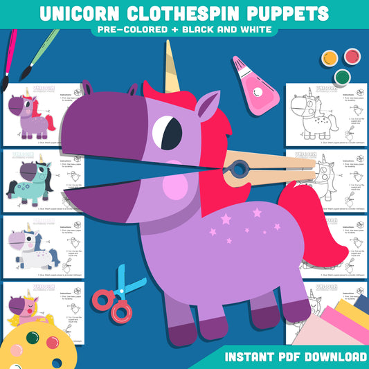 DIY Unicorn Clothespin Puppets: 8 Printable Pages of Fun, 4 Adorable Designs, Pre-Colored & Black-and-White, Perfect for Kids' Activities, PDF