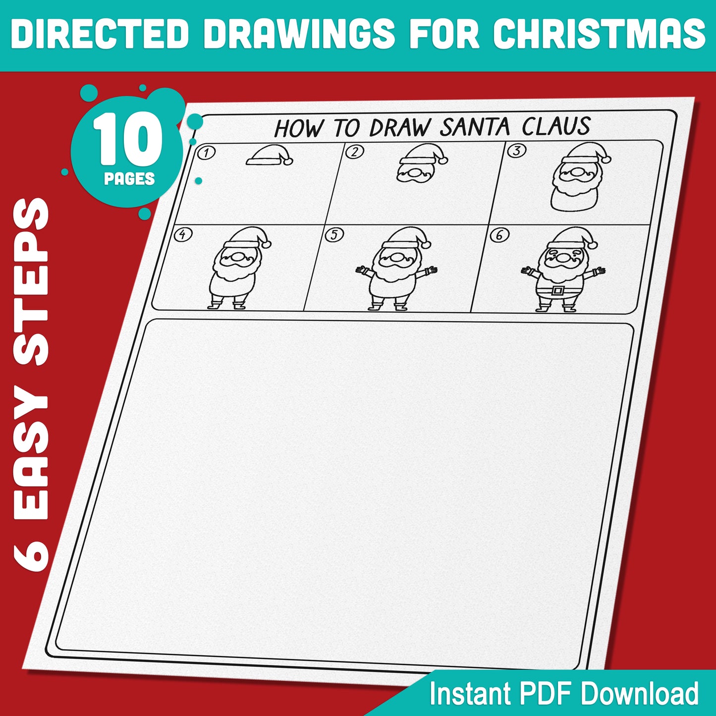 Step-by-Step Christmas Drawing Tutorial for Kids: Learn to Draw Santa, Snowman, Elf, Tree, Gingerbread Man – 5 Fun Pages + 5 Coloring Sheets, PDF Download