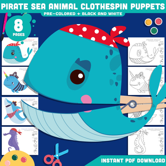 Pirate Sea Animal Clothespin Puppets, Ocean Friends Puppet Craft, Whale Narwhal Shark Seahorse Activity PDF