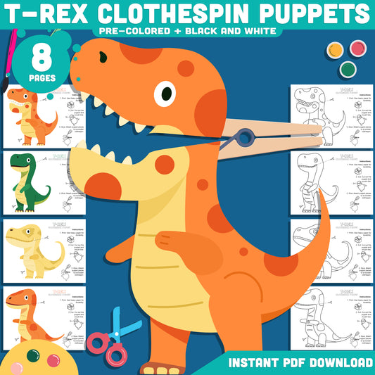 T-Rex Clothespin Puppets, Dinosaur Mouth Puppet Craft, Tyrannosaurus Rex Printable Activity, Color Cut and Create PDF