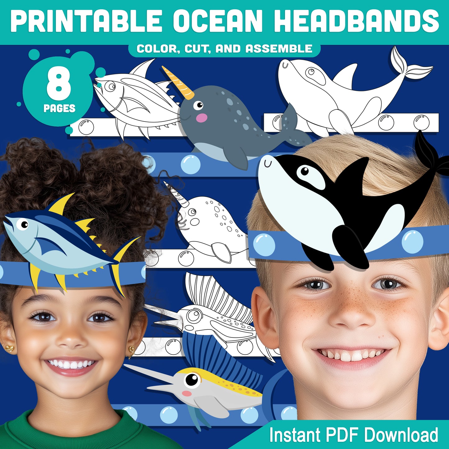Printable Ocean Headbands Yellow Fin Tuna Orca Killer Whale Narwhal Sailfish Crown Hat Activity, Color Cut and Wear, Pre-color + Black and White