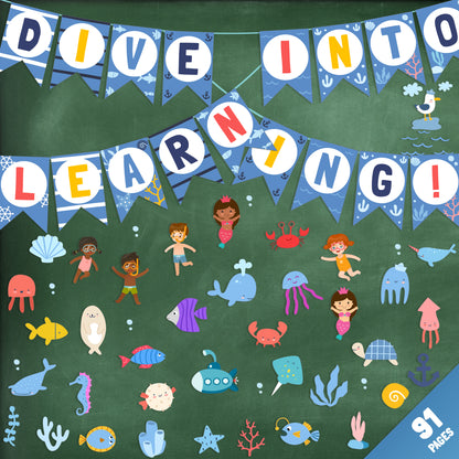 Editable Ocean Theme Classroom Decor, Ocean Animals & Under the Sea Bulletin Board Set for Class Door or Wall, 91+ Pages, Instant Download