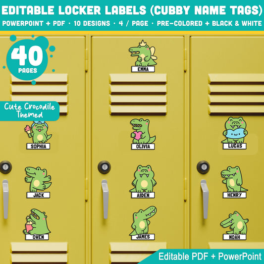 Editable Locker Labels (Cubby Name Tags), Cute Crocodile Themed, PDF + PowerPoint, 8.5x11", 40 Pages, Pre-Colored and Black & White