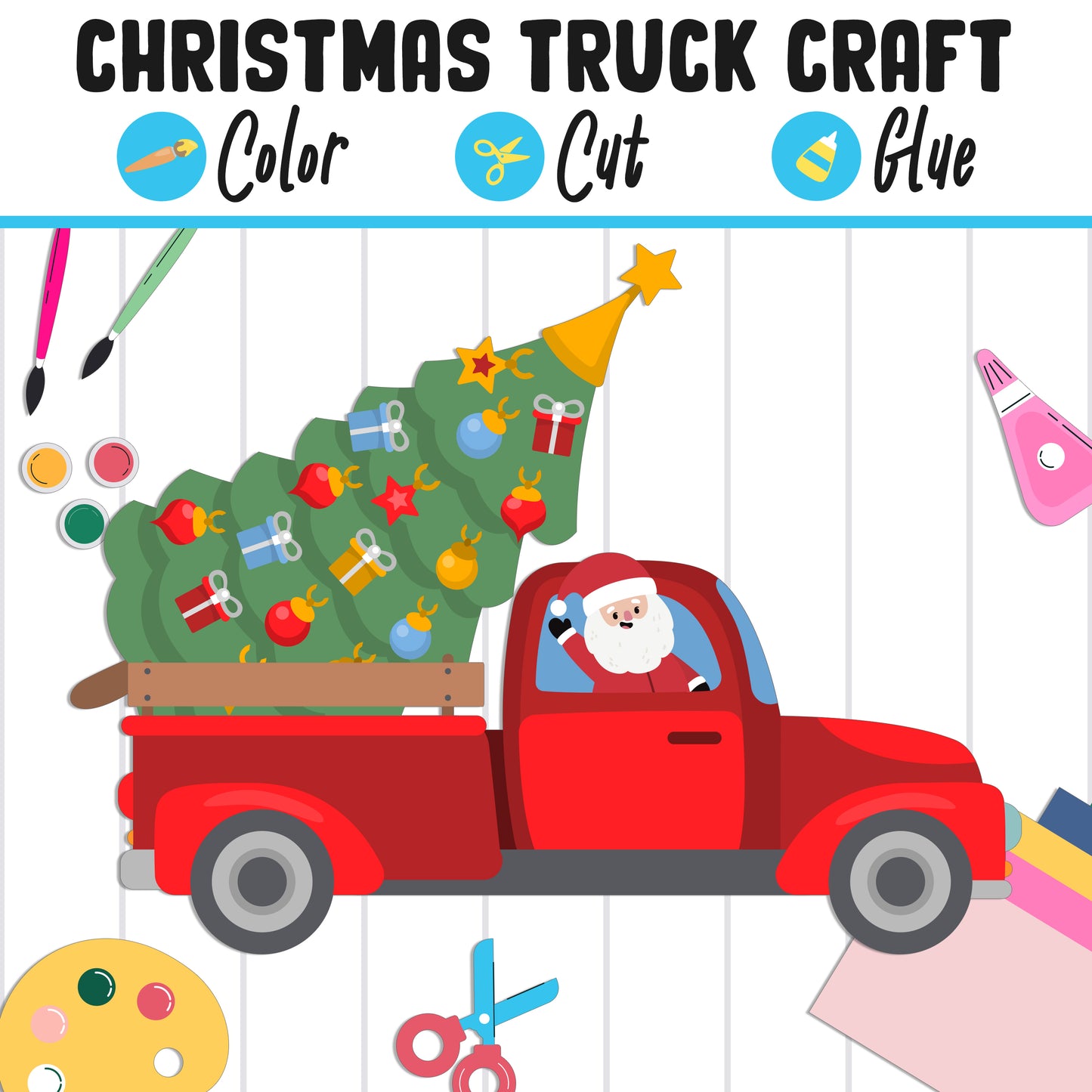 Retro Christmas Truck Craft Activity - Color, Cut, and Glue for PreK to 2nd Grade, PDF File, Instant Download